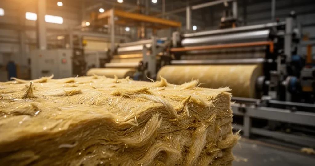 Jak powstają materiały izolacyjne z wełny mineralnej Złocista, włóknista struktura wełny mineralnej na pierwszym planie z rozmytą linią produkcyjną fabryki w tle.