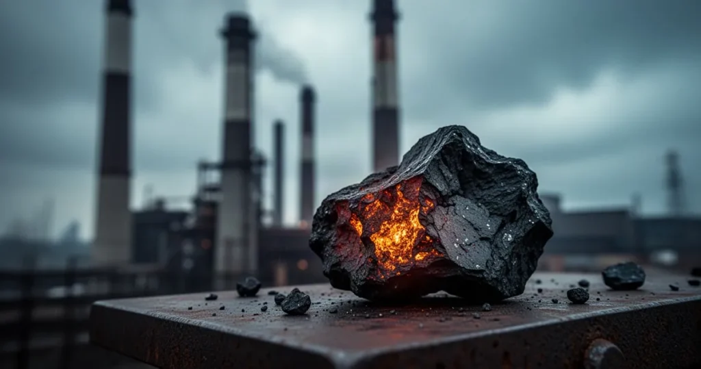 Płonąca bryła węgla na metalowym blacie, w tle zamglone kominy przemysłowe pod pochmurnym niebem.