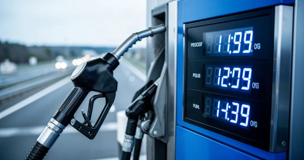 Nowoczesny pistolet dystrybutora paliwa na tle cyfrowego wyświetlacza cen i rozmytej autostrady w chłodnej tonacji.