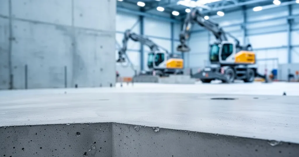 Na czym polega produkcja betonu wysokowytrzymałościowego? Zbliżenie na fakturę gładkiego betonu wysokowytrzymałościowego; w rozmytym tle nowoczesna hala produkcyjna z maszynami.
