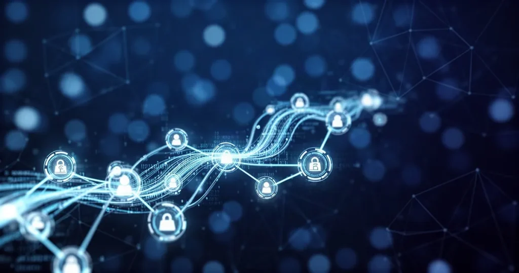 Agenci AI stają się nowymi klientami systemów płatniczych Cyfrowa wizualizacja świecących strumieni finansowych i zautomatyzowanych transakcji między abstrakcyjnymi węzłami danych.