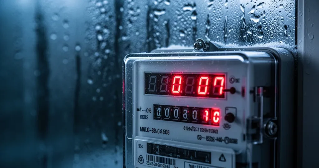 Cyfrowy licznik energii elektrycznej z jarzącymi się na czerwono cyframi na tle zamrożonego okna.