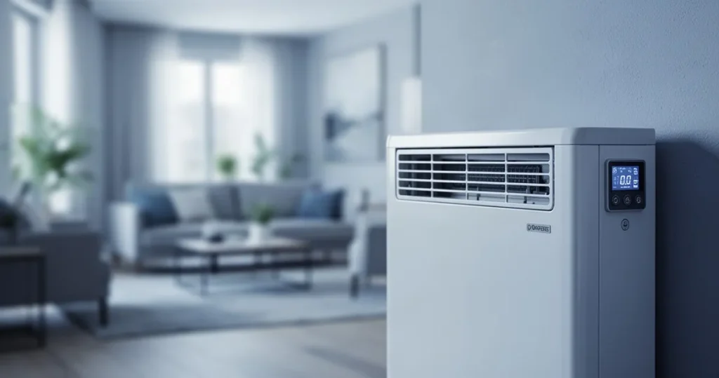 Nowoczesny system grzewczy w domu w odcieniach błękitu i szarości, symbolizujący ekologiczną transformację energetyczną.