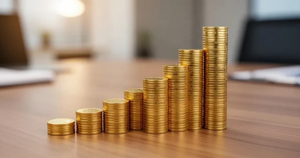 Wzrost emerytur w Polsce. Sprawdź, w których regionach świadczenia rosną najszybciej Wykres słupkowy wykonany ze złotych monet ustawionych na drewnianym stole, symbolizujący wzrost finansowy.