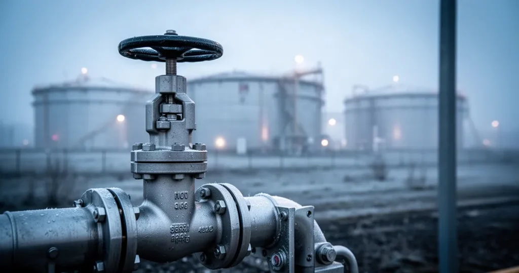 Sprzedaż terminala LPG przy granicy z Białorusią. Czy państwo zawiodło w ochronie strategicznego obiektu? Zbliżenie na zawór sterujący terminala paliwowego z metalicznymi teksturami na tle zbiorników w chłodny poranek.