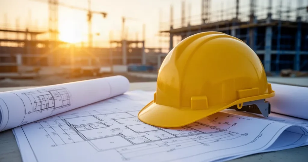 Sierpień pod znakiem wzrostów w budownictwie. GUS opublikował nowe dane o produkcji Projekt budowlany i żółty kask ochronny na tle rozmytej konstrukcji w świetle wschodzącego słońca.