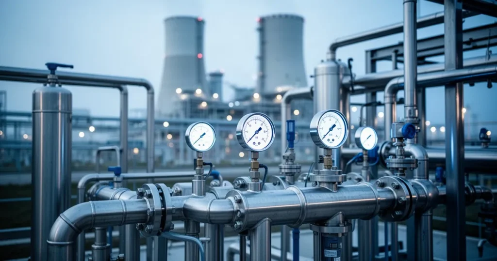 Zaawansowany technologicznie system oczyszczania wody z rurami i wskaźnikami na tle nowoczesnej elektrowni.
