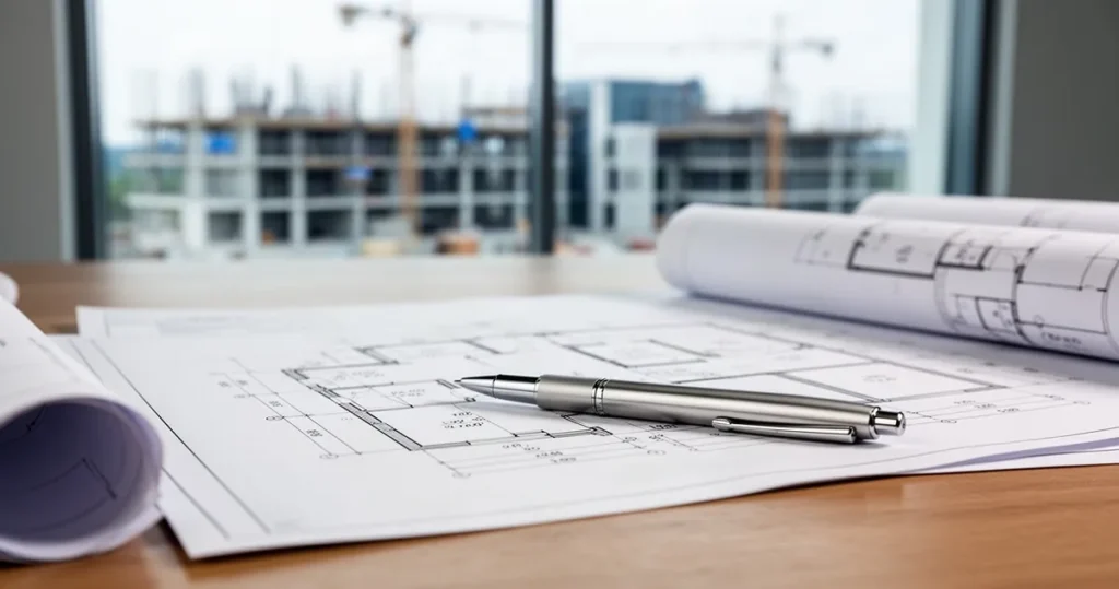 Plany architektoniczne i srebrny długopis na drewnianym biurku, w tle rozmyta nowoczesna budowa.