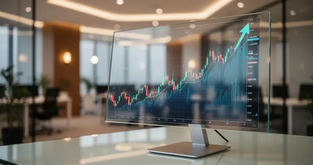 Wykres finansowy z trendem wzrostowym na szklanym monitorze w nowoczesnym biurze.