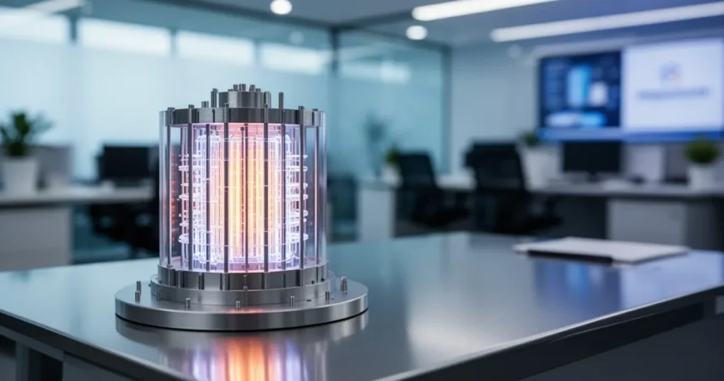 Przełom w polskim atomie. Kluczowe porozumienie z USA podpisane Model nowoczesnego, świecącego reaktora jądrowego na metalowym biurku w profesjonalnym wnętrzu biurowym.