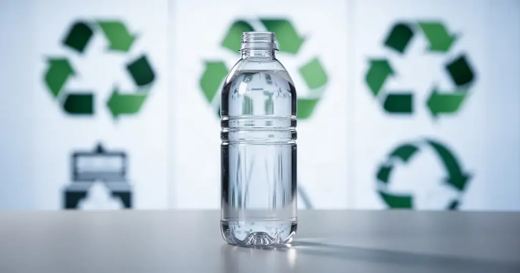 System kaucyjny w liczbach. Popularna sieć publikuje raport dotyczący 30 mln zwrotów Przezroczysta plastikowa butelka na minimalistycznym stole na tle rozmytych ikon recyklingu.