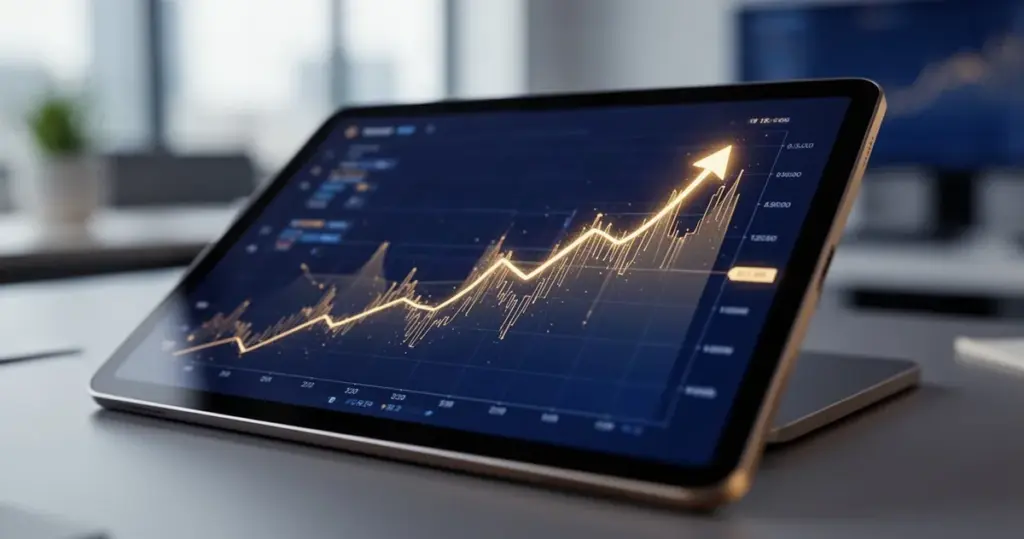 Tablet z wyświetlonym rosnącym wykresem finansowym na tle nowoczesnego biura w odcieniach granatu i złota.
