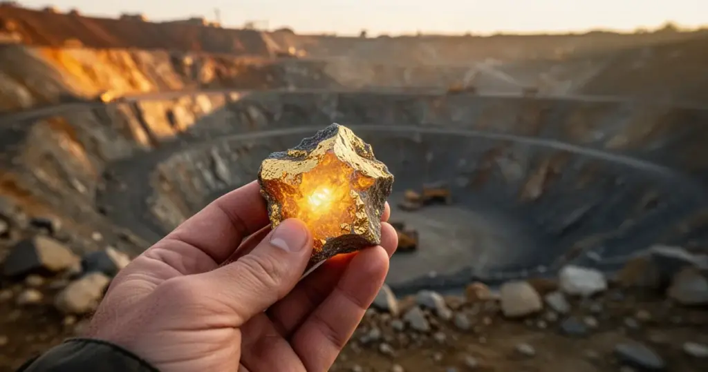 Dłoń geologa trzymająca świecącą próbkę minerału na tle oświetlonej zachodzącym słońcem odkrywkowej kopalni.