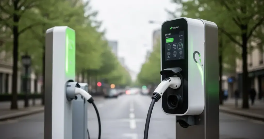 Nowoczesna stacja ładowania pojazdów elektrycznych w biało-zielonej kolorystyce, w tle rozmyta ulica miejska z drzewami.