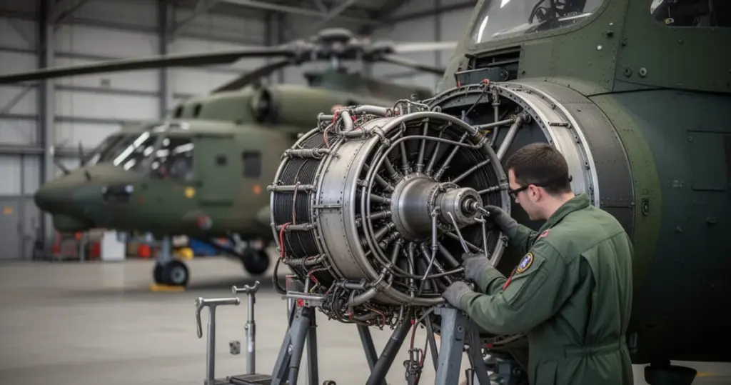 Technik serwisuje silnik wojskowego śmigłowca w hangarze, w tle rozmyty śmigłowiec, stonowane barwy.