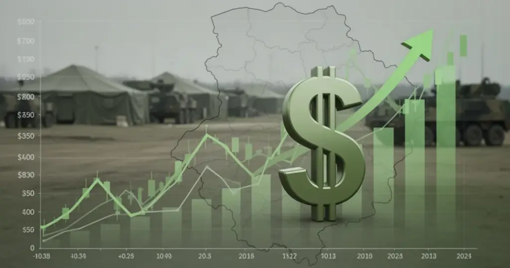 Wykres finansowy ze strzałką wzrostu, znakiem dolara i mapą Polski, w tle baza wojskowa.