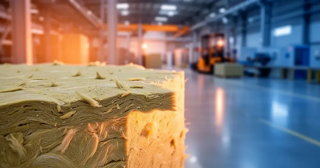 Teksturowana, włóknista wełna mineralna w zbliżeniu na tle rozmytej, nowoczesnej hali produkcyjnej.