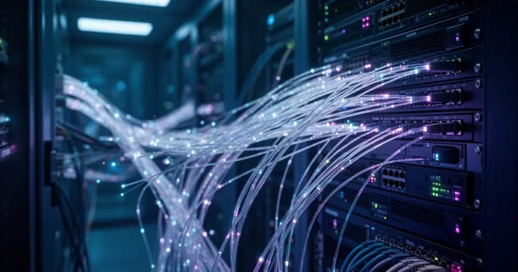 Asystenci AI walczą o klientów, a infrastruktura i tak zarabia Świecące kable światłowodowe i serwery w ciemnej serwerowni, chłodne niebiesko-fioletowe barwy, styl cyberpunk.