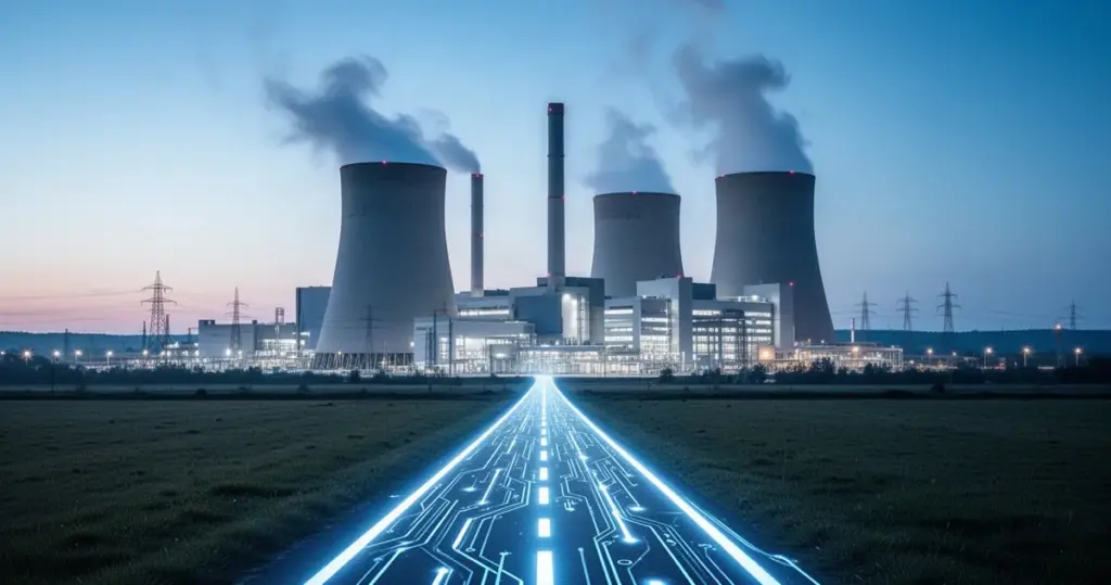 Nowoczesna elektrownia jądrowa o zmierzchu z chłodniami kominowymi emitującymi parę, oświetlona na niebiesko-biało, ze świecą