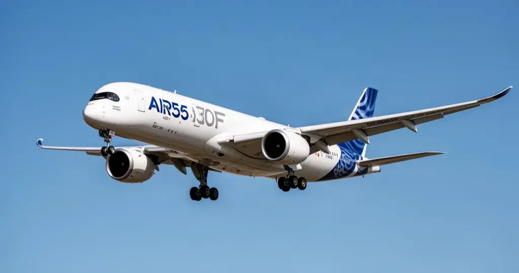 Airbus A350F w locie testowym, widok z przodu pod kątem, na tle błękitnego nieba, w pełnym świetle dziennym.