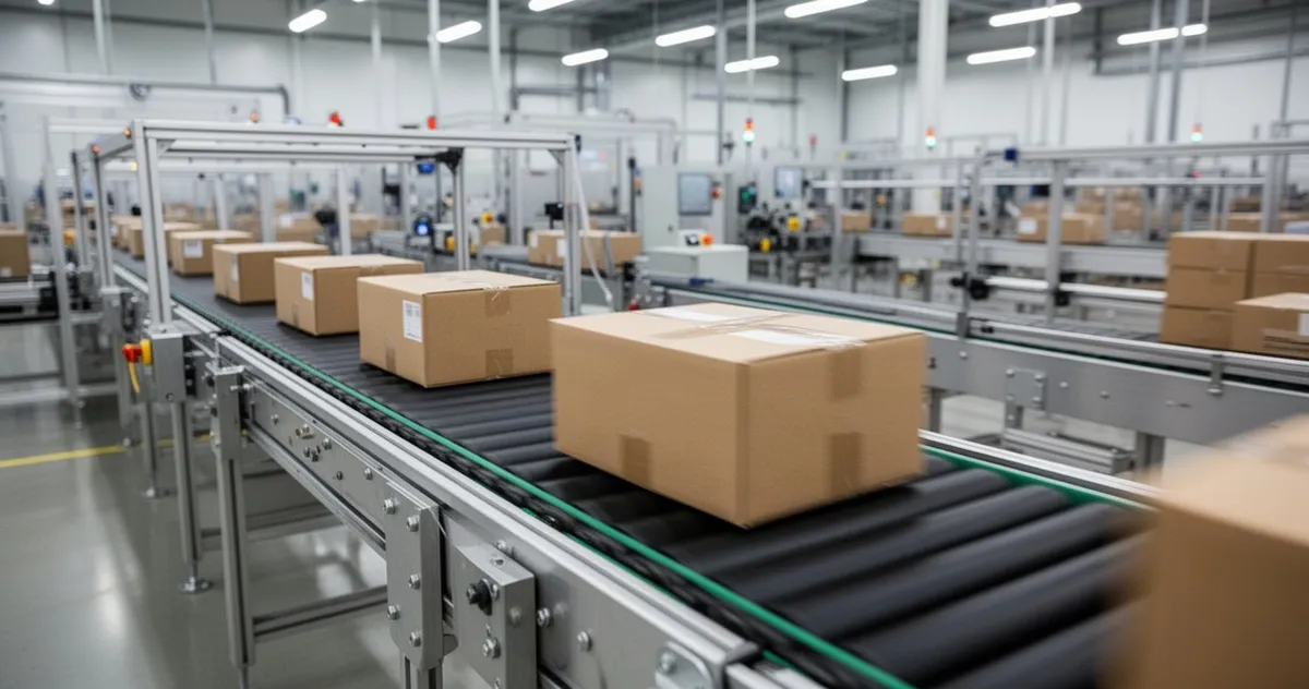 Przemysłowa taśma przenośnikowa transportująca kartony na hali produkcyjnej