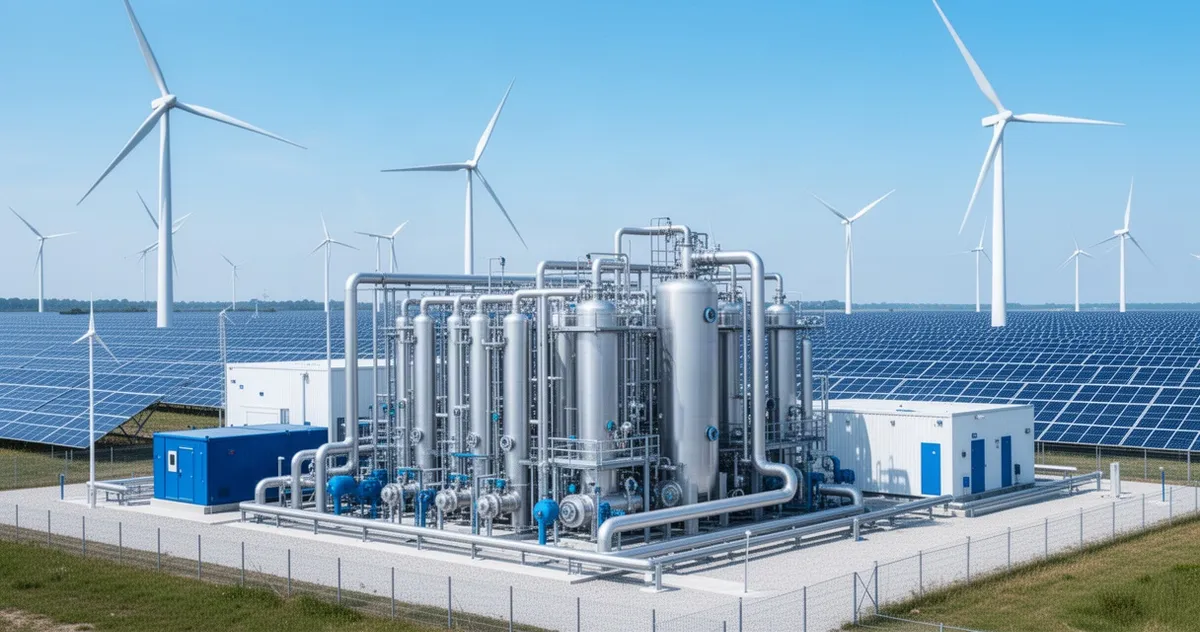 Instalacja do produkcji zielonego wodoru z turbinami wiatrowymi w tle