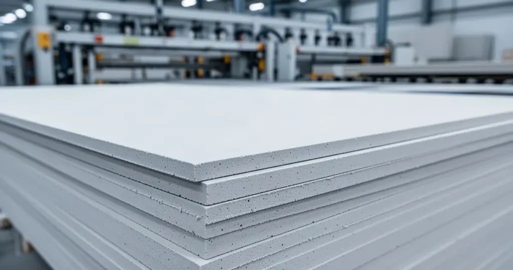 Stos równo przyciętych płyt gipsowo-kartonowych w hali fabrycznej z rozmytą linią produkcyjną w tle.