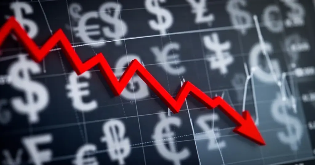 Wykres finansowy z ostrą czerwoną linią spadkową, w tle rozmyte symbole walut.