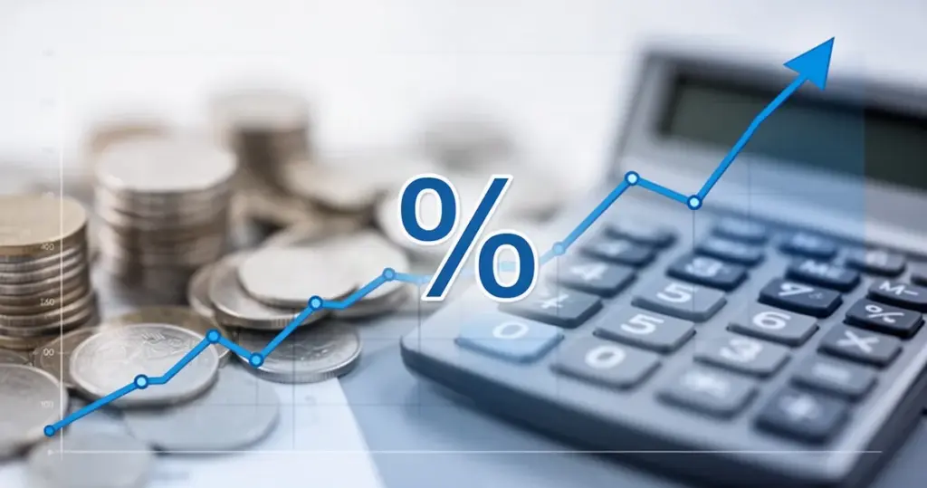 Wykres finansowy z rosnącą linią i symbolem procentu, w tle rozmyte monety i kalkulator, kolory niebiesko-szare.