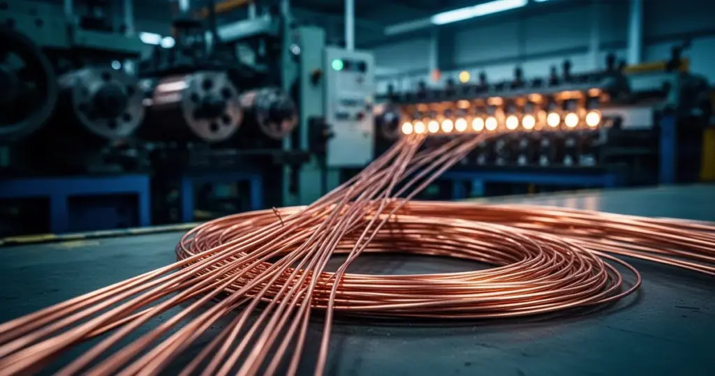 Zbliżenie na miedziane przewody elektryczne nawijane na szpule w hali fabrycznej z rozmytymi maszynami w tle.