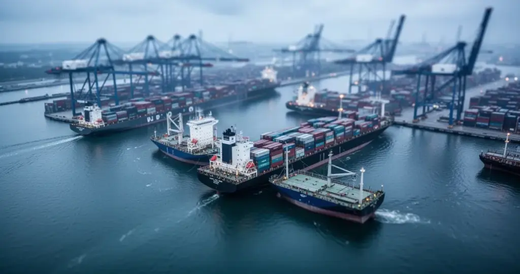 Widok z lotu ptaka na ruchliwy port kontenerowy z wieloma statkami towarowymi, dźwigami i kontenerami, w niebieskoszarych ton