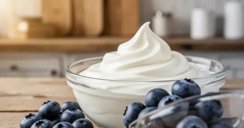 Kremowy jogurt w szklanej miseczce z rozsypanymi na pierwszym planie świeżymi borówkami w rustykalnej kuchni.