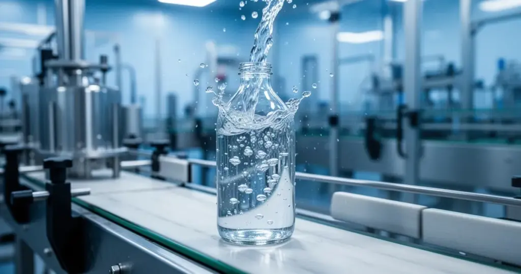 Jak produkuje się wodę butelkowaną? Krystalicznie czysta woda wlewana do szklanej butelki na nowoczesnej linii produkcyjnej w fabryce.