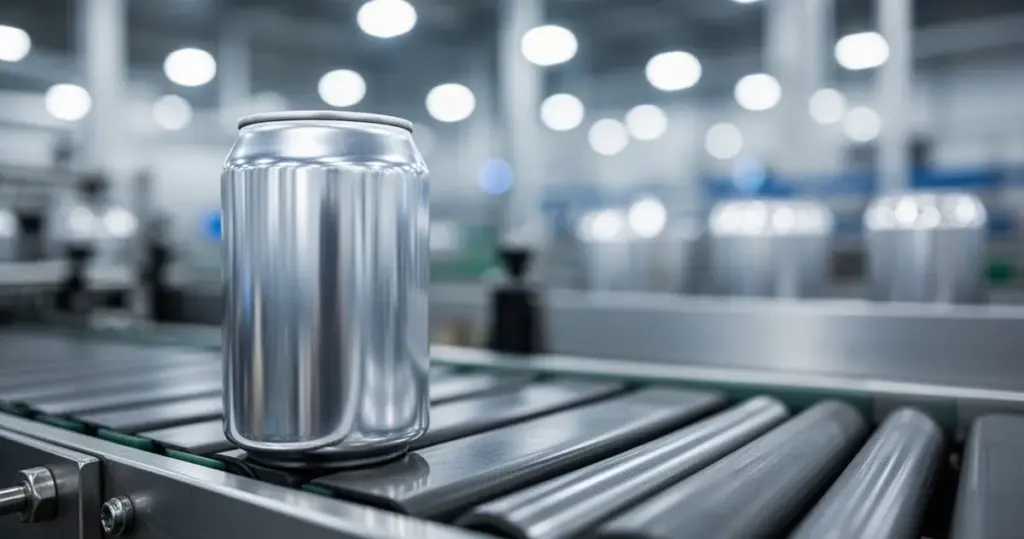 Jak powstają puszki aluminiowe? Niedokończona aluminiowa puszka na metalowej taśmie produkcyjnej w fabryce w otoczeniu nowoczesnych maszyn.