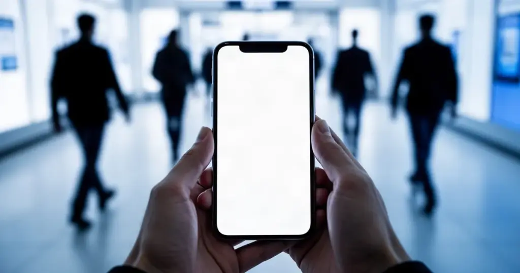 Dłonie trzymające smartfon z pustym ekranem, w tle rozmazane sylwetki przechodniów, kolorystyka niebiesko-biała.