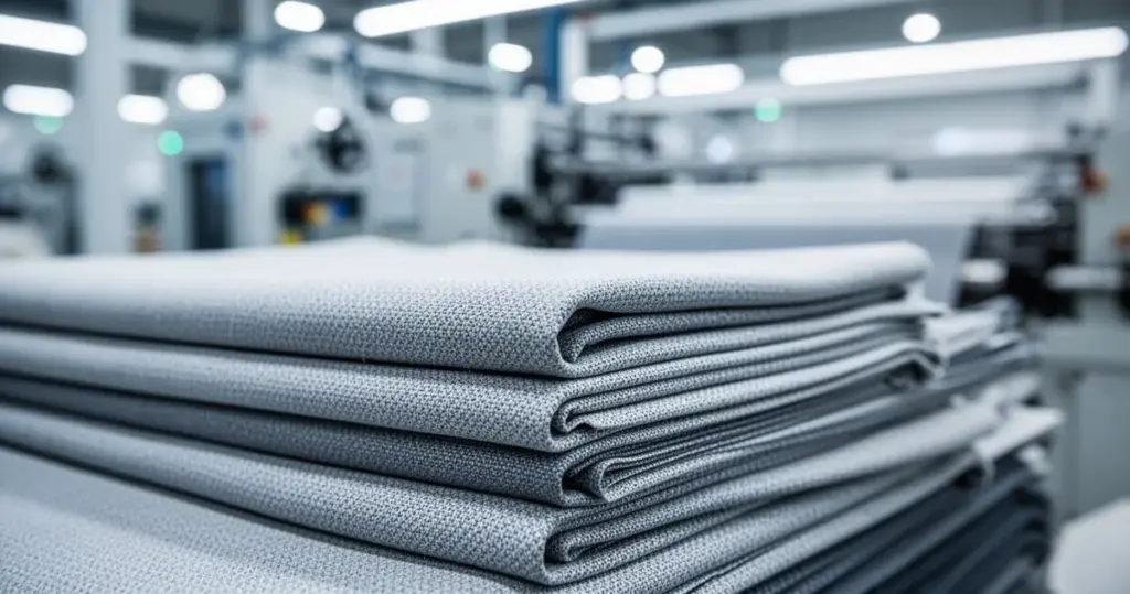 Dlaczego nowe ubrania mają charakterystyczny zapach? Co znajduje się na tkaninach po produkcji? Stos starannie złożonych, teksturowanych tkanin w nowoczesnej szwalni z rozmytymi maszynami w tle.