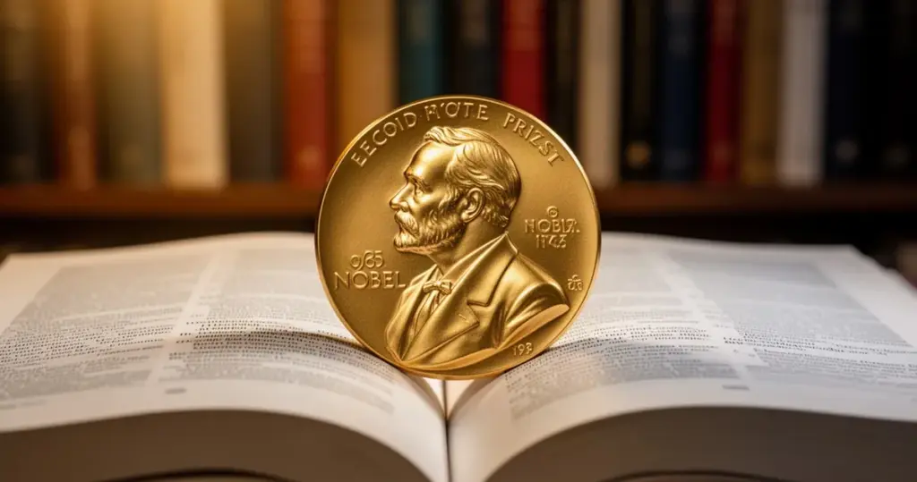 Złoty medal Nobla na otwartym podręczniku do ekonomii, tło z rozmytymi półkami na książki, ciepłe oświetlenie.