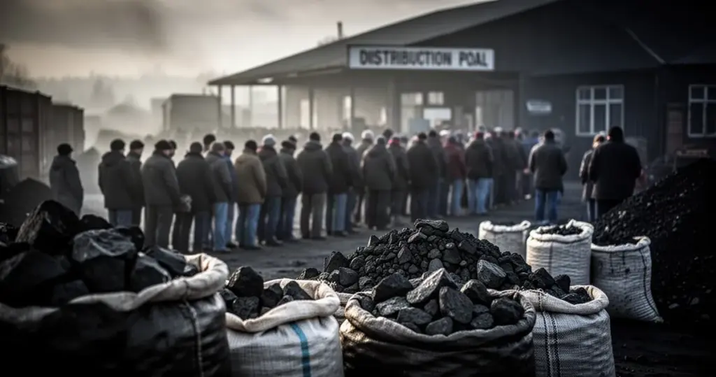 Długa kolejka ludzi przed punktem wydawania węgla, worki z węglem na pierwszym planie, wczesny poranek, ponury nastrój.