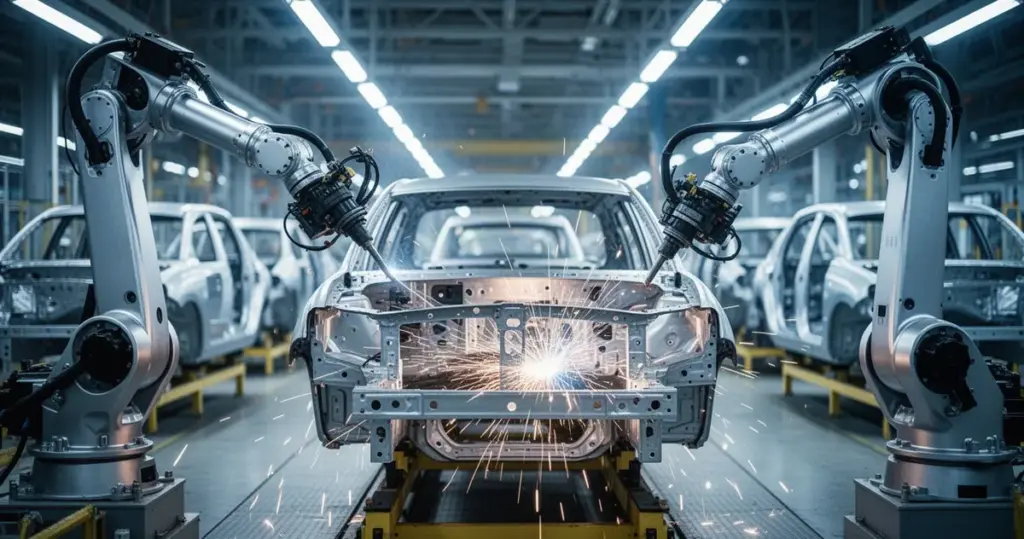 Polska motoryzacja wobec ekspansji Chin. Nadchodzi transformacja Zautomatyzowana linia montażowa: roboty spawają karoserię samochodu, iskry, nowoczesna fabryka, chłodne barwy, technologiczny