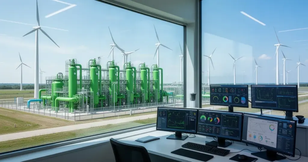 Elektrolizery i turbiny wiatrowe w zakładzie zielonego wodoru, na pierwszym planie cyfrowa sterownia.