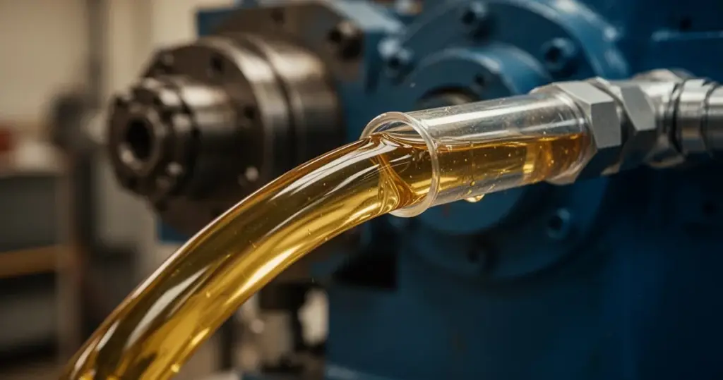 Olej hydrauliczny – właściwości i zastosowanie Złocisty olej hydrauliczny przepływający przez przezroczysty wąż przemysłowy na tle rozmytych elementów maszyny.