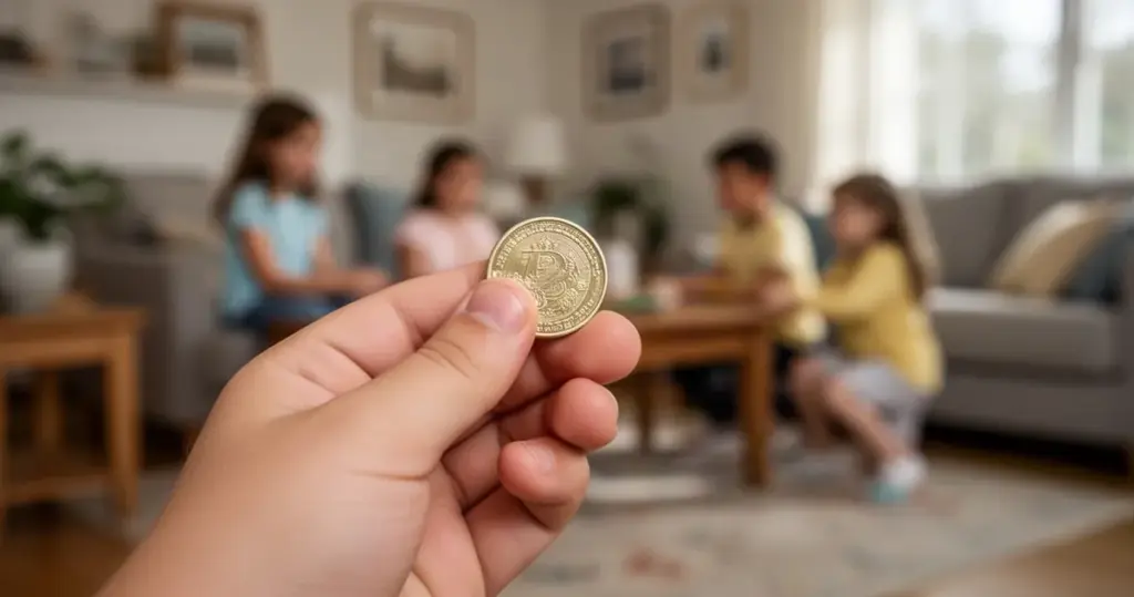 Dłoń dziecka trzyma błyszczącą monetę, w tle niewyraźne wnętrze domu.
