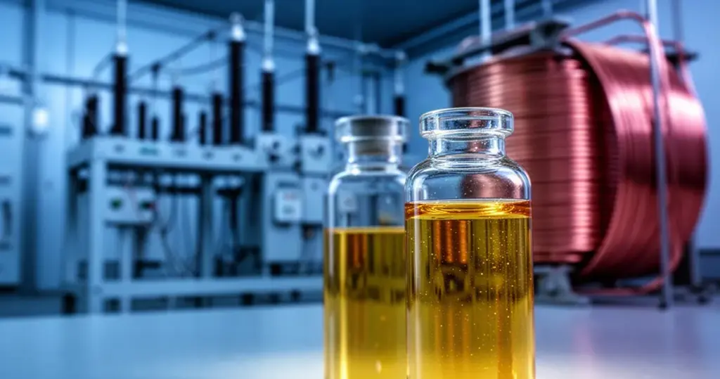 Olej transformatorowy – właściwości i zastosowanie Złocisty olej transformatorowy w szklanej fiolce na tle rozmytych cewek miedzianych i urządzeń elektrycznych.