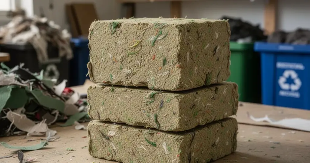 Polski startup zamieni poliester w ekocegły i wzmocni recykling tekstyliów Stos prostokątnych ekocegieł ze sprasowanych włókien poliestrowych, tony beżu i zieleni, tło z odpadami tekstylnymi.
