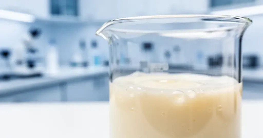 Kremowa emulsja olejowo-wodna w szklanej zlewce laboratoryjnej na tle minimalistycznego, jasnego laboratorium.