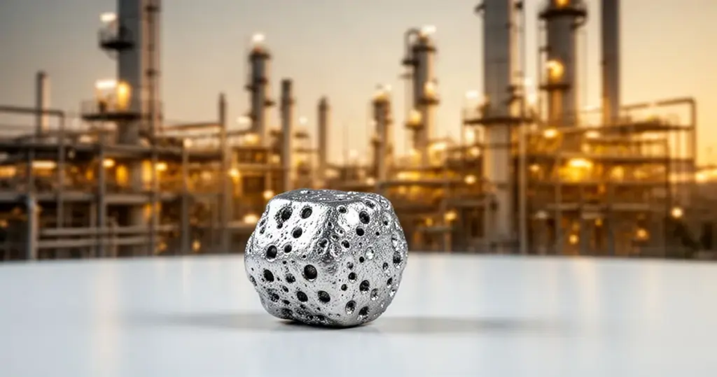Porowata metaliczna pastylka katalizatora przemysłowego na laboratoryjnym blacie na tle nowoczesnego zakładu chemicznego.