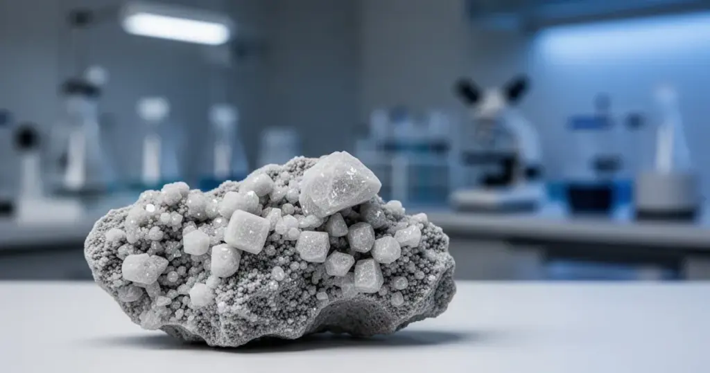 Makrofotografia szaro-białych kryształów minerału zeolitu na tle rozmytego wnętrza laboratorium.